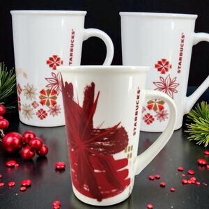3 Vintage starbucks christmas mugs-tall 12oz-2 2013 Snowflake-1 2014 Pointsettia